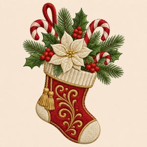 May include: A red Christmas stocking featuring gold embroidered scrollwork, two gold tassels, and a white cuff. The stocking is filled with a white poinsettia, green pine needles, green holly leaves, red berries, and red and white candy canes.