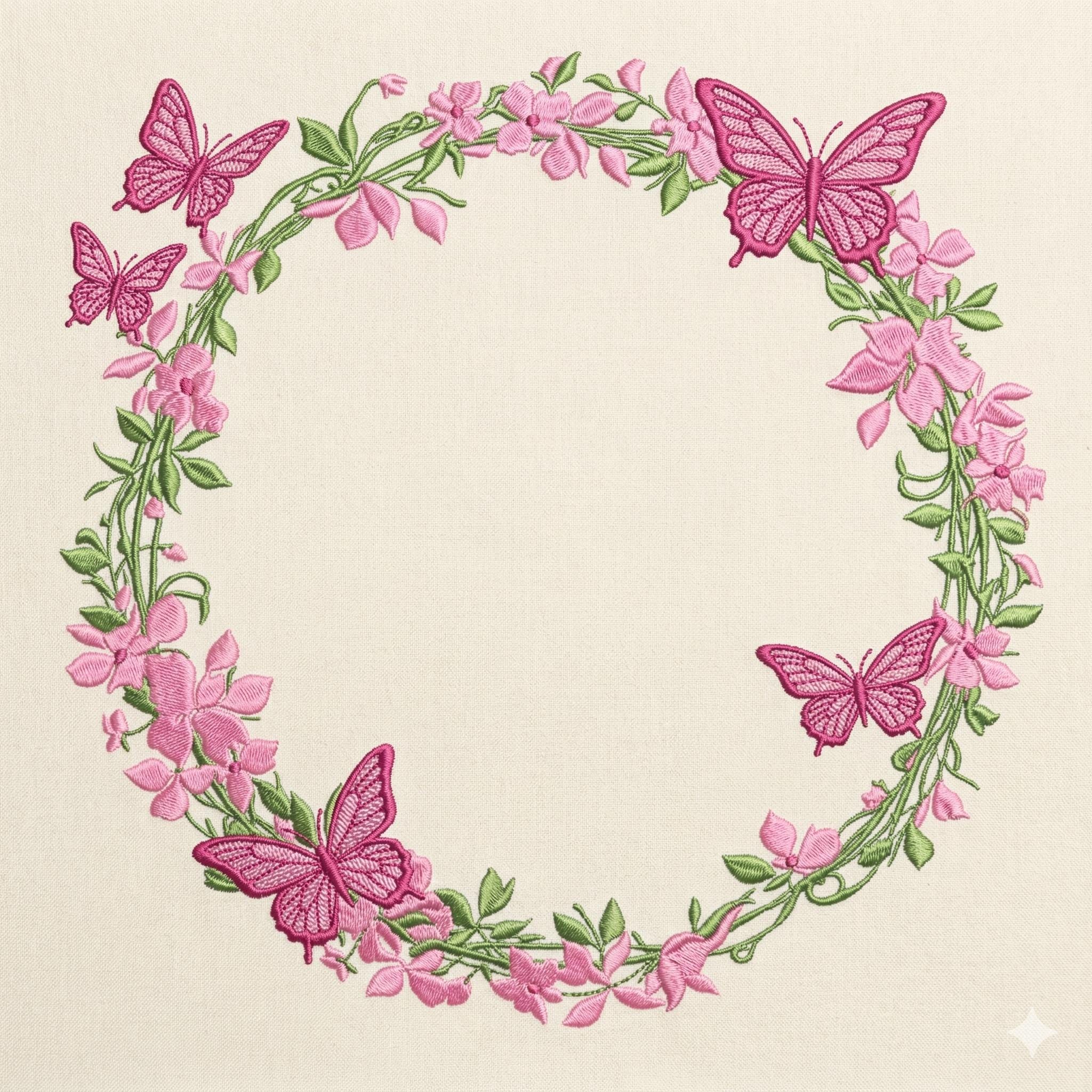 Butterfly Floral Wreath Embroidery Design, Pink Flower Circle Frame ...