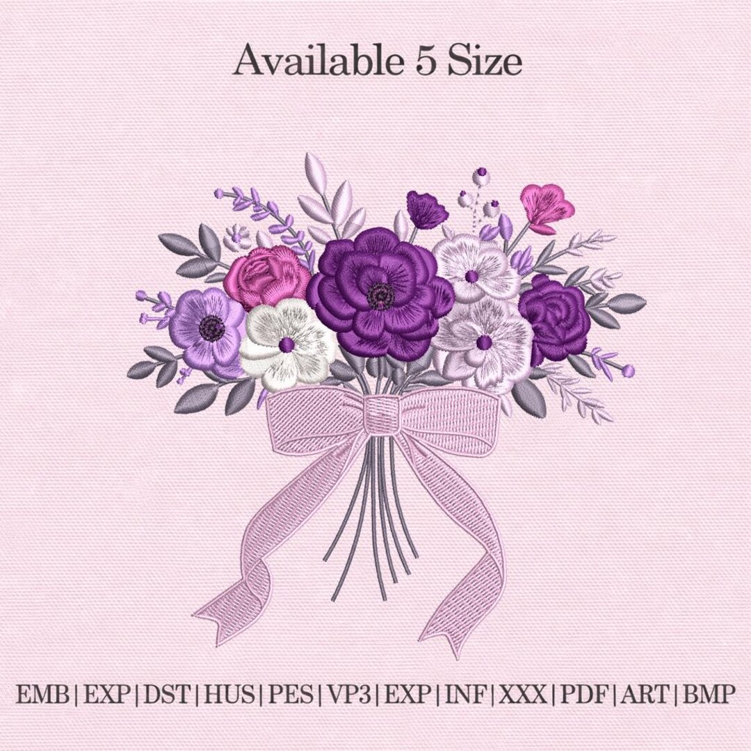 Purple Flower Bouquet Embroidery Design, Floral Arrangement With Bow ...