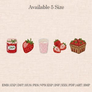 Paquete de diseños de bordado de fresas, bordado de fruta de mermelada de fresa, archivo de bordado de comida linda, diseño de fruta de verano, bordado a máquina imagen 1