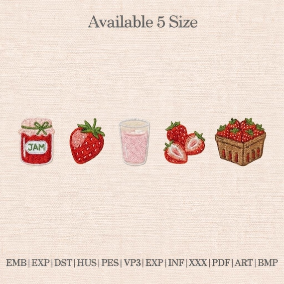 Strawberry Embroidery Design Bundle, Strawberry Jam Fruit Embroidery, Cute Food Embroidery File, Summer Fruit Design, Machine Embroidery