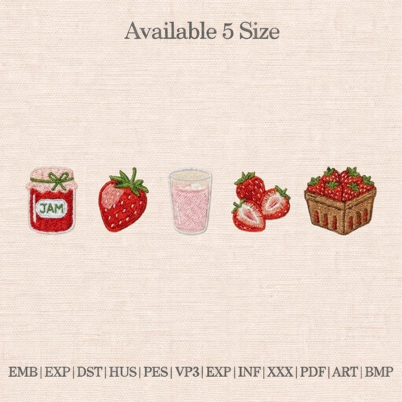 Paquete de diseños de bordado de fresas, bordado de fruta de mermelada de fresa, archivo de bordado de comida linda, diseño de fruta de verano, bordado a máquina imagen 1