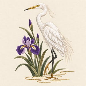May include: An embroidery design featuring a white egret standing in water next to a vibrant purple iris flower with green leaves. The egret has a long neck, a yellow beak, and black legs. The water is depicted with thin, wavy gold-colored lines.