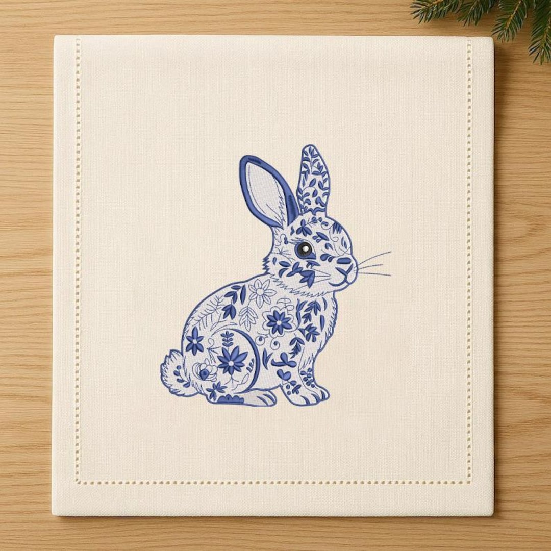 Delf Blue Rabbit Delft Blue Bunny Embroidery Design Vintage Floral Rabbit Easter Machine ...