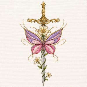 May include: Embroidered design featuring a sword with a gold hilt and crossguard, a butterfly with pink and purple wings, and white lilies. The butterfly is centered on the sword, with the flowers and vines entwined around the blade.