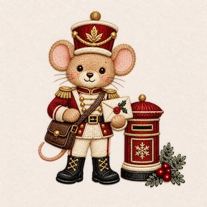 Può includere: Un'illustrazione ricamata di un topo color marrone chiaro vestito da soldato con un'uniforme rossa e bianca con dettagli dorati, che tiene in mano una busta bianca. Accanto al topo c'è una cassetta postale rossa cilindrica decorata con un fiocco di neve e agrifoglio.