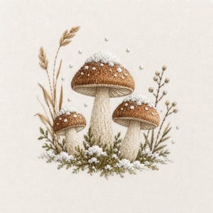 Op de afbeelding: Een borduurontwerp met drie bruine paddenstoelen met witte hoeden, omringd door groen gebladerte, hoge tarweachtige stengels en kleine witte stippen, allemaal geborduurd op een gebroken witte stof met gedetailleerde draadstructuren.