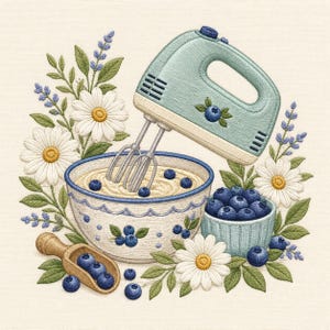 May include: An embroidery design featuring a light blue hand mixer with a blueberry motif, a mixing bowl filled with batter, a small wooden scoop, and a bowl of blueberries, all surrounded by white daisy flowers and sprigs of purple lavender.