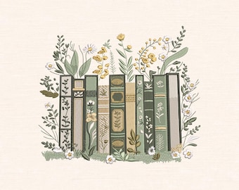 Diseño de bordado de pila de libros florales, patrón de bordado estilo cottagecore, descarga digital de bordado a máquina de biblioteca vintage