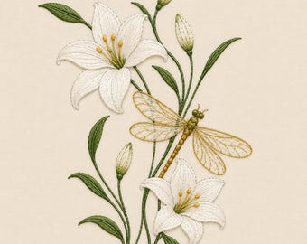 Lily Dragonfly Embroidery Design, White Floral Machine Embroidery File, Elegant Botanical Pattern
