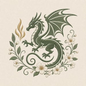 Desenho de bordado de dragão floral, padrão de bordado de dragão fantástico, arquivo de bordado à máquina de dragão botânico