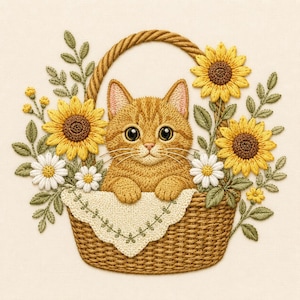Cute Orange Kitten in Basket Embroidery Design, Sunflower Cat Embroidery File, Floral Kitty Machine Embroidery Pattern,Cottagecore Pet Decor