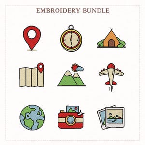 May include: An embroidery bundle featuring travel-themed icons. Includes a red location pin, a compass, a tent, a map with a pin, mountains, a plane, a globe, a camera, and two photos. The text "EMBROIDERY BUNDLE" is at the top.