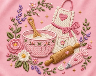 May include: An embroidery design on pink fabric featuring a cream-colored apron with a heart, a pink mixing bowl with a wooden spoon, a brown rolling pin, and a pink piping bag, all surrounded by a floral wreath of pink and white flowers.