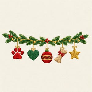 May include: An embroidery design featuring a green pine garland with red berries and yellow string lights. Hanging from the garland are five ornaments: a red paw print, a green heart, a red and green patterned ball, a tan bone, and a gold star.