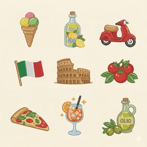 May include: A collection of embroidered Italian-themed icons, including gelato, a Vespa scooter, the Colosseum, a pizza slice, a cocktail, and a bottle of olive oil. The color palette includes red, green, yellow, and brown.