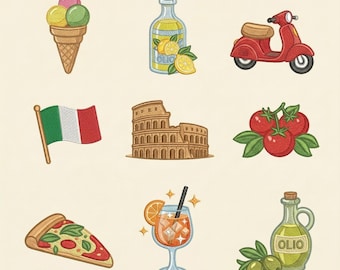 Italian Embroidery Bundle, Italy Travel & Food Icons, Pizza Vespa Colosseum Olive Oil Gelato Embroidery Files