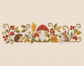 May include: An embroidery design featuring a central red and white spotted mushroom flanked by smaller mushrooms, a brown hedgehog, a small brown mouse, white daisy flowers, red berries, and yellow and green autumn leaves on a cream background.