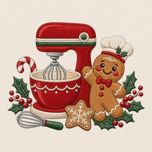 Può includere: Un disegno ricamato raffigurante una planetaria rossa con frusta, un omino di pan di zenzero con cappello da chef e papillon rosso, un bastoncino di zucchero, un biscotto a forma di stella e rametti di agrifoglio con bacche rosse.