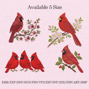 May include: An image featuring four embroidered cardinal designs in various poses, perched on branches with flowers and berries. The birds are a vibrant red with black accents. The text "Available 5 Size" is at the top, with file type abbreviations at the bottom.
