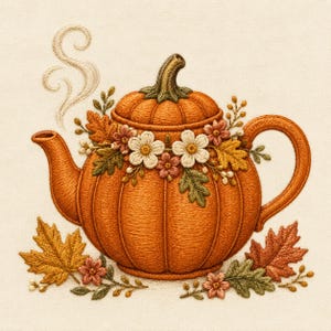 May include: An embroidery design featuring a pumpkin-shaped teapot in shades of orange, topped with a green stem lid. The teapot is decorated with white and pink flowers, green leaves, and autumn foliage. Steam swirls above the spout.