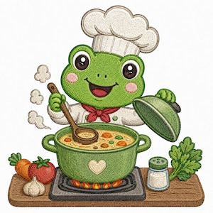 Puede incluir: Un parche bordado que muestra una rana verde con un gorro y una chaqueta de chef blancos con una corbata roja. La rana remueve una olla verde en una estufa con una cuchara de madera, sosteniendo una tapa. Hay vegetales cerca.