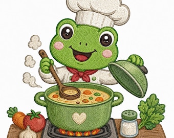 Chef Frog Embroidery Design, Cute Frog Cooking Soup Embroidery File, Kawaii Frog Chef Machine Embroidery Pattern