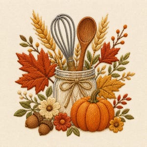 May include: An embroidery design featuring a glass mason jar filled with a metal whisk and a wooden spoon, surrounded by autumn elements including orange maple leaves, wheat stalks, a bright orange pumpkin, acorns, and small flowers.