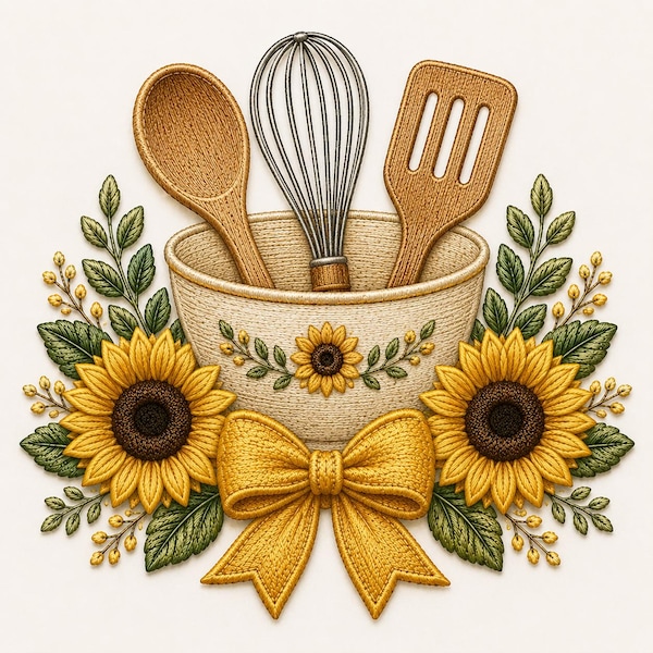 Sunflower Kitchen Utensils Embroidery Design,Baking Tools Embroidery File, Rustic Kitchen Machine Embroidery Pattern,Sunflower Kitchen Decor