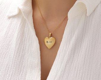 Personalized Heart Locket Necklace,  Engraved Pendant, Custom Photo Jewelry, Gift for Her, Christmas Gift,Minimal Jewelry