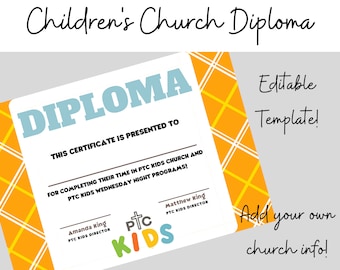 Diploma para la Graduación de la Iglesia de los Niños, Plantilla de Diploma Editable, Plantilla Completamente Editable