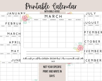 Calendario imprimible *Funciona para cualquier año* Calendario de descarga instantánea, Calendario con días en blanco, Calendario floral con versículo bíblico