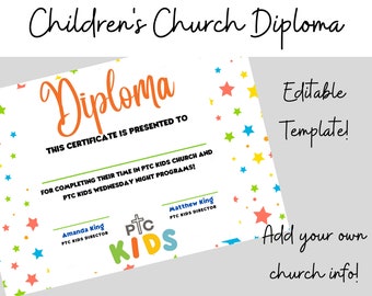Diploma para la Graduación de la Iglesia de los Niños, Plantilla de Diploma Editable, Plantilla Completamente Editable