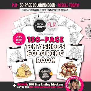 150-Page Tiny Shops Coloring Book: Editable Canva Template, PLR Private Resell Rights, Kawaii Cute Shops, Colouring Pages Bundle, Resell