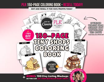 150-Page Tiny Shops Coloring Book: Editable Canva Template, PLR Private Resell Rights, Kawaii Cute Shops, Colouring Pages Bundle, Resell