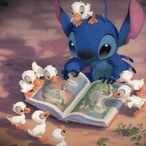 Stitch Reading To Ducks  Disneyland  Art Decoupaged on Wood