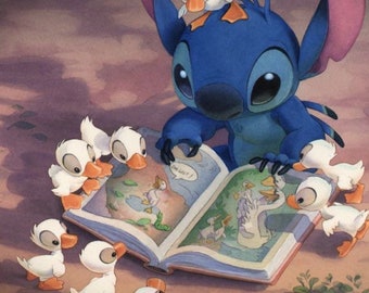 Stitch Reading To Ducks  Disneyland  Art Decoupaged on Wood