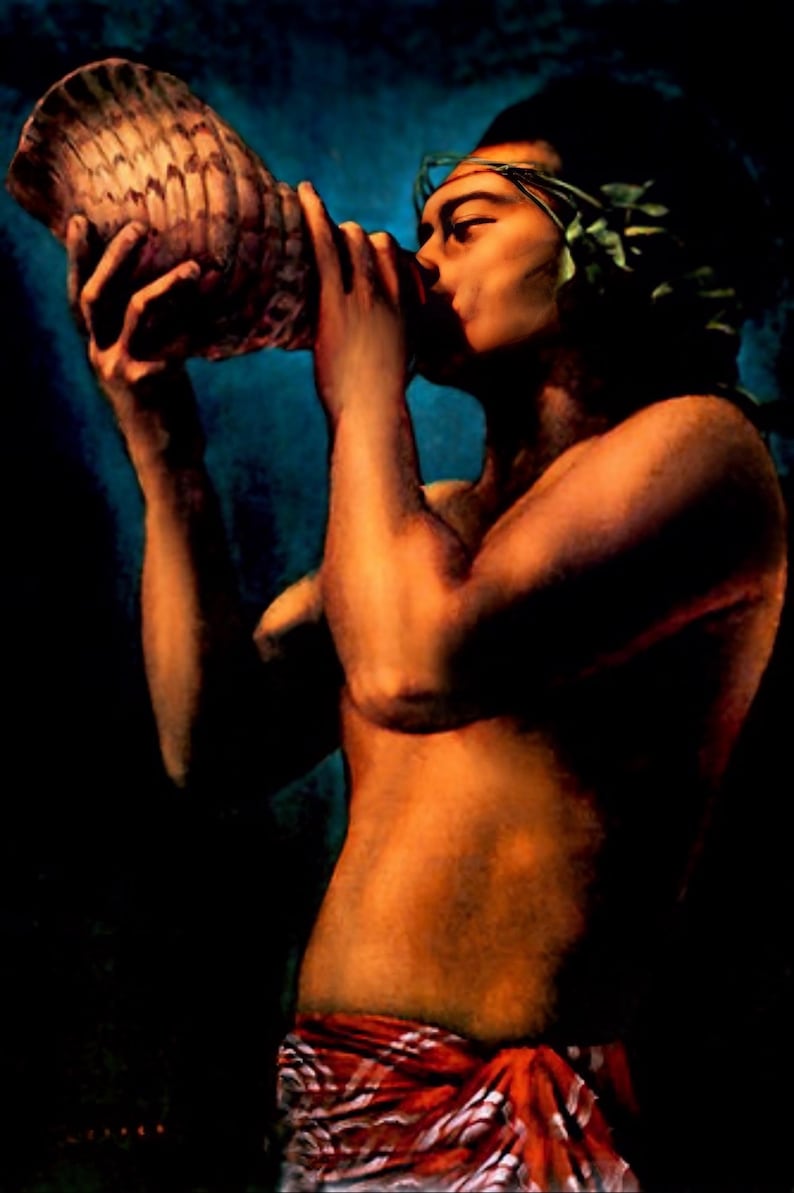 Polynesian Conch Shell Blower by Edgar Leeteg of Tahiti Art Decoupaged ...