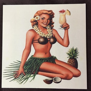 Vintage Hula Girl Art Decoupaged on Wood
