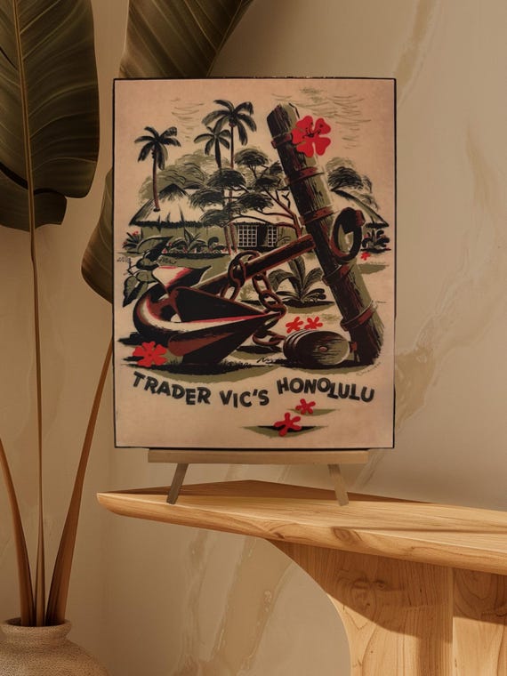 Trader Vic's Honolulu 1950s Menu Cover Decoupaged on Wood