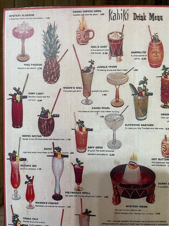 Vintage Kahiki Tiki Restaurant Drink Menu Art Decoupaged on Wood