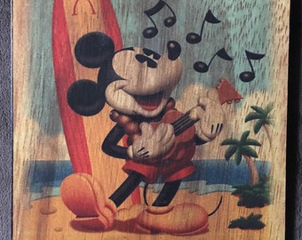 Aloha Mickey Mouse  and Ukulele Disneyland  Art Decoupaged on Wood
