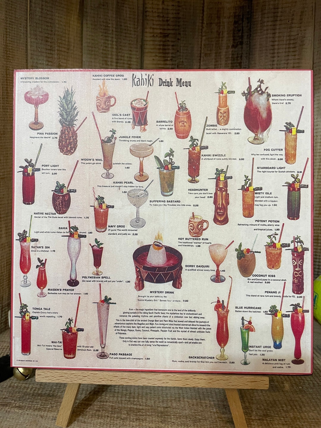 Vintage Kahiki Tiki Restaurant Drink Menu Art Decoupaged on Wood