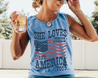 Débardeur couleurs confort Elle aime Jésus et l'Amérique, débardeur unisexe 4 juillet, t-shirt indépendance de l'Amérique, t-shirt elle aime Jésus