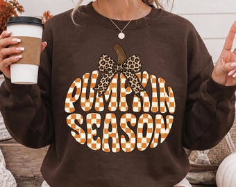 Pumpkin Season Sweatshirt, Checkered Fall Hoodie, Preppy Leopard Bow Pumpkin Shirt, Retro Groovy Autumn T-Shirt, Fall Vibes Graphic Tee