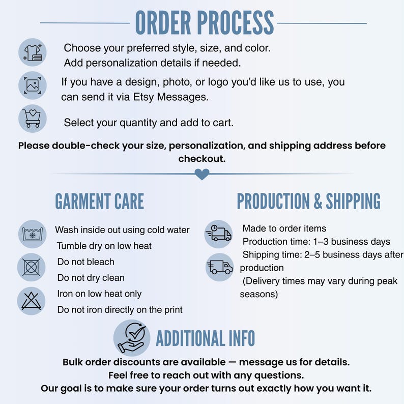 Peut inclure: Infographie informative pr&eacute;sentant le processus de commande, les instructions d'entretien des v&ecirc;tements et les d&eacute;tails de production et d'exp&eacute;dition. Le texte comprend les &eacute;tapes de la commande, les instructions de lavage et les d&eacute;lais de production. Le design est bleu et blanc.