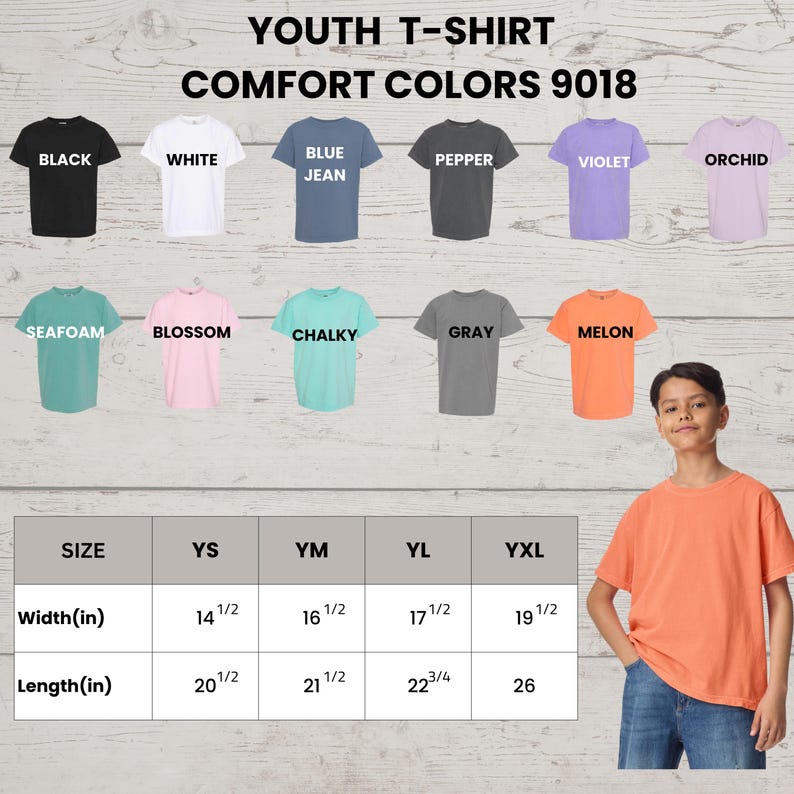 May include: Image showcasing a youth t-shirt in various colors, including black, white, blue jean, pepper, violet, orchid, seafoam, blossom, chalky, gray, and melon. The image also displays size measurements in inches for widths and lengths.