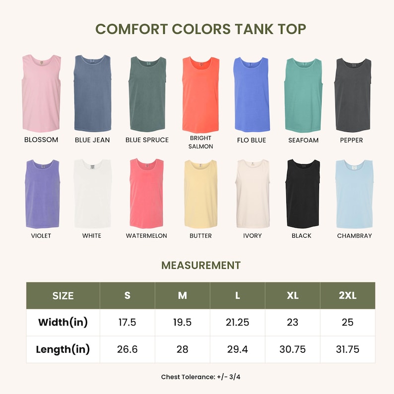Peut inclure: Pr&eacute;sentation de d&eacute;bardeurs Comfort Colors de diff&eacute;rentes couleurs, dont Blossom, Blue Jean et Bright Salmon. L'image comprend un tableau des tailles avec des mesures en cm pour la largeur et la longueur, de la taille S &agrave; 2XL.