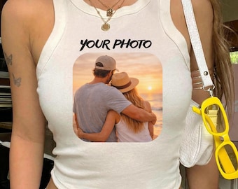 Custom Photo Racer Tank Top, Personalized Bella Canvas Cropped Tank, Y2K Micro Rib Baby Tee, Custom Picture Shirt, Logo Tank Top Gift