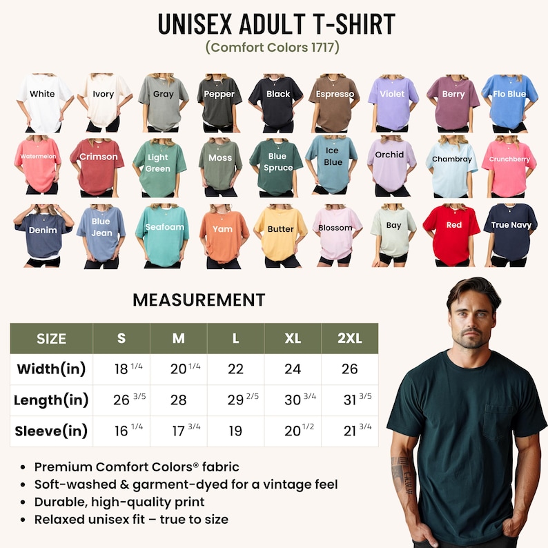 Peut inclure: Pr&eacute;sentation de t-shirts unisexes pour adultes de diff&eacute;rentes couleurs, dont blanc, noir et bleu. L'image comprend un tableau des tailles avec des mesures en cm pour la largeur, la longueur et la longueur des manches, allant de la taille S &agrave; 2XL. Le texte mentionne &eacute;galement le tissu et la coupe.